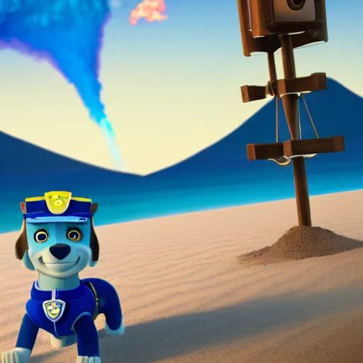 Image similar to chase wearing blue outfit ( from paw patrol ) is standing on the beach watching a giant volcano erruption behind him, movie poster, trending on artstation, intricate detail, very sharp, octane 8 k render, depth of field