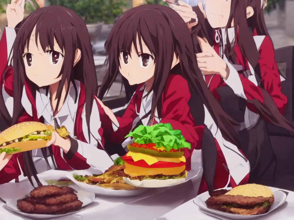 Image similar to yuuki konno from sword art online eating a big burger and being happy, High Definition detail, 8K, anime