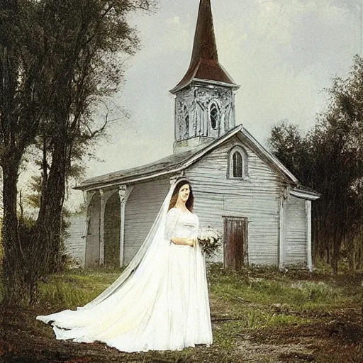 Prompt: picture of ghostly bride in front of an old wooden white church, 1 9 th century southern gothic scene, made by achenbach, andreas