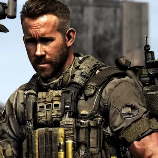 Image similar to Ryan Reynolds in Call of Duty black ops highly detailed, high quality, HD, 4k, 8k, Canon 300mm, professional photographer, 40mp, lifelike, top-rated, award winning, realistic, sharp, no blur, edited, corrected, trending