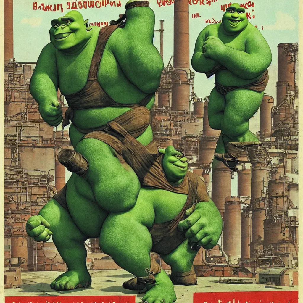 Prompt: giant shrek stomping industrial chimneys in soviet union