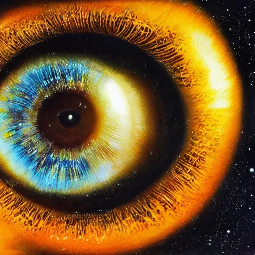 Prompt: a highly detailed photorealistic painting of a human eye reflecting the milky way galaxy