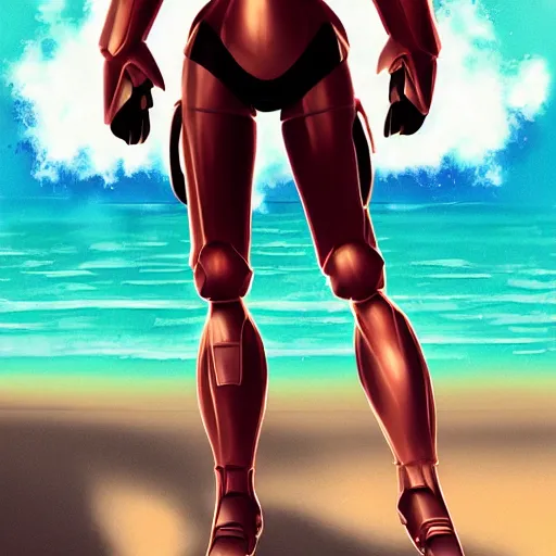 Image similar to Samus Aran\'s casual day at the beach, high quality digital art by Sakimichan