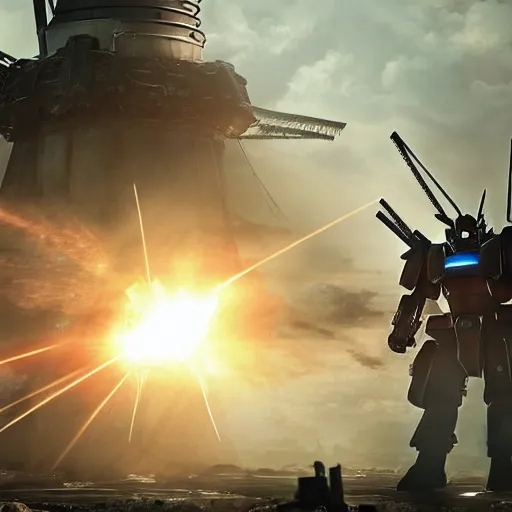 Image similar to gundam as dutch windmill in gears of war, splash art, movie still, cinematic lighting, ray tracing, octane render, long lens, shallow depth of field, bokeh, anamorphic lens flare, 8 k, hyper detailed, 3 5 mm film grain