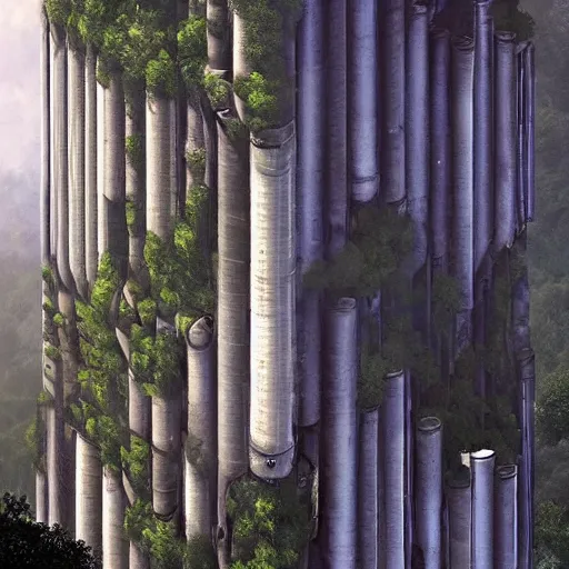 Image similar to vertical farm towers surrounding a sci - fi nuclear containment building in a steep - sided valley with trees, a sense of hope, in the style of edouard groult