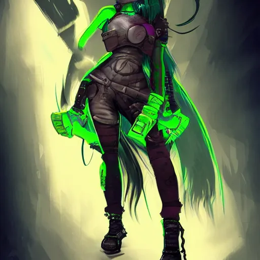 Prompt: concept art of a cyberpunk orc hacker girl with green hair and tusks. Trending on artstation