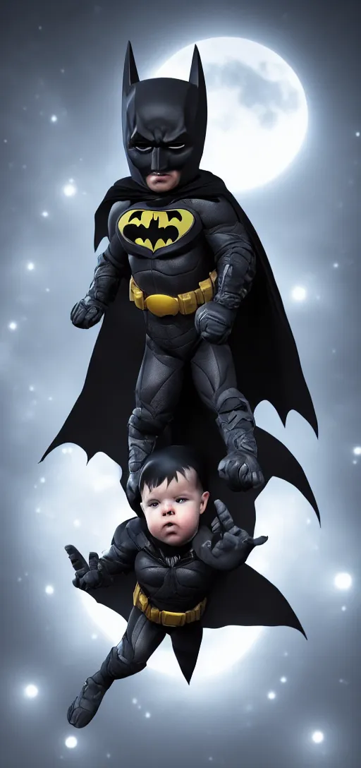 Prompt: portrait of baby batman in action pose, elegant, moonlight, cinematic, cinematic lights, highly detailed, hdr, artstation, concept art, ambient light, 4 k, intricate details, highly professionally detailed, ultra detailed