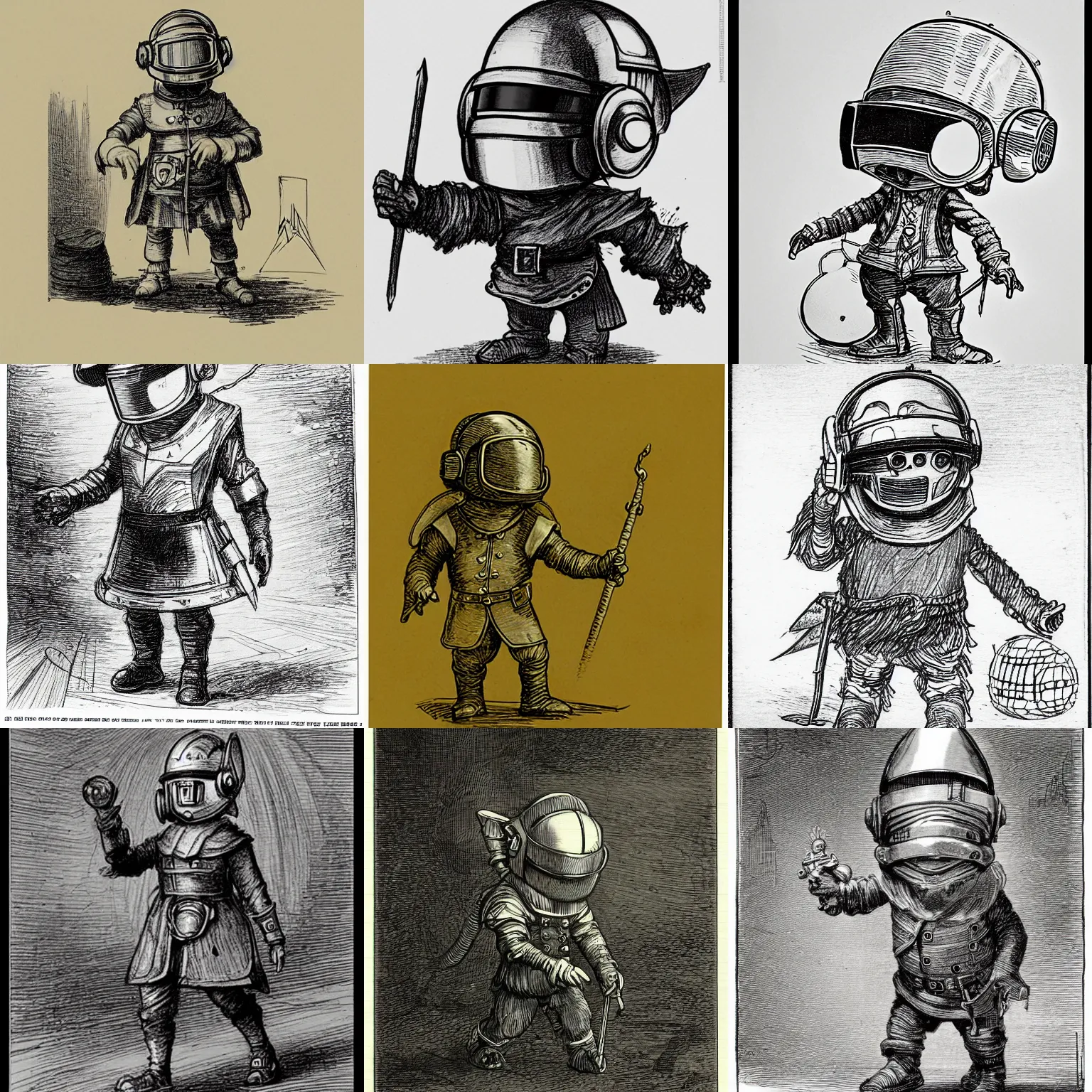 Prompt: sketch of a cute chibi dnd gnome inventor tinkerer wearing a daft punk helmet and walking, etching by louis le breton, 1 8 6 9, 1 2 0 0 dpi scan