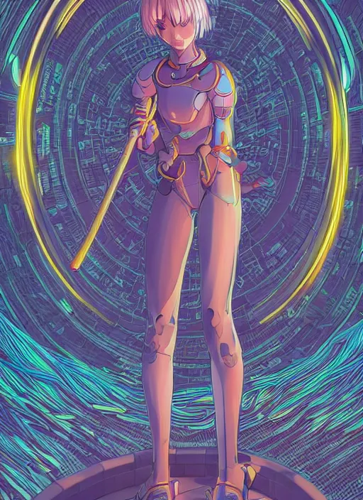 Image similar to a ultra beautiful detailed line art illustration of rei ayanami, centered, by dan mumford and moebius and beeple, trending on artstation, pastel color, dim dusk lighting, cinematic lighting, detailed lighting, volumetric lighting, realistic, f 8, 4 k hd wallpaper, poster, yellow and purple color scheme