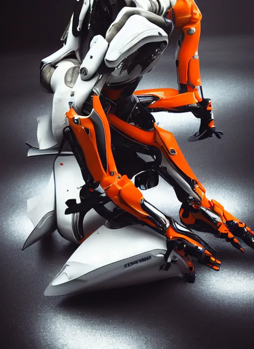 Image similar to a Photorealistic dramatic hyperrealistic full frame render of a Sleek futuristic exosuit Freedom Formula Racing Mech,Ultra realistic details,glossy white metal,Orange racing stripes,weathered surfaces,by Hidetaka Tenjin,Yoh Yoshinori,Yoji Shinkawa,Masamune Shirow,Beautiful dramatic dark moody tones and lighting,cinematic atmosphere,studio lighting,shadows,dark background, Octane render,8K