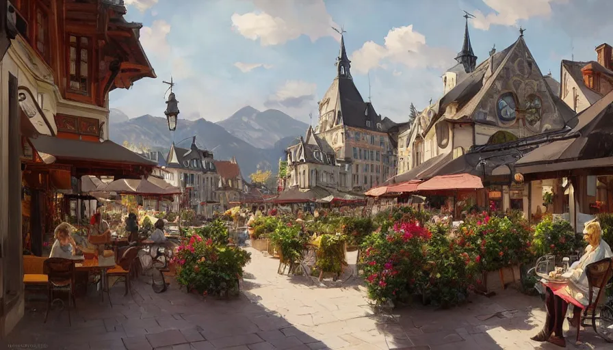 Image similar to Stefan Koidl's painting of a european town, view from cafe terrace. 4k, octane, digital painting, artstation, concept art, sharp focus, illustration, art by artgerm and greg rutkowski and alphonse mucha.