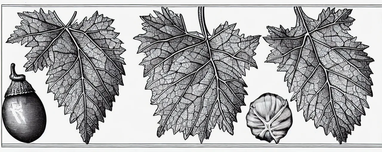 Prompt: a full page schematic diagram illustration of a vine leaf and an oak acorn, ultra detailed, 4 k, intricate, encyclopedia illustration, fine inking lines