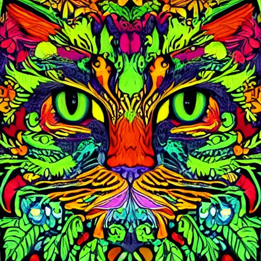 Prompt: colourful ornate decorative green man as a cat face by louis wain and william morris, closeup, twisting leaves, 8 k, artstation