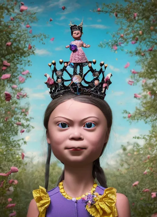 Image similar to closeup face profile portrait of tin toy greta thunberg as a fairytale goth princess wearing a crown eating cakes, bikini, depth of field, zeiss lens, detailed, symmetrical, centered, fashion photoshoot, by nicoletta ceccoli, mark ryden, lostfish, breathtaking, 8 k resolution, extremely detailed, beautiful, establishing shot, artistic, hyperrealistic, octane render