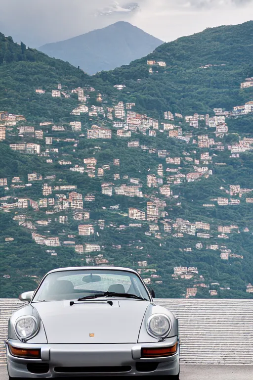 Prompt: Photo of a silver Porsche 911 Carrera 3.2 parked on a dock in Lake Como in the background, daylight, dramatic lighting, award winning, highly detailed, 1980s Versace ad, fashion photography, fine art print, best selling.