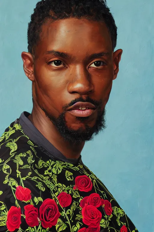 Image similar to Andre Benjamin, portrait by Kehinde Wiley!!, roses, oil paint on canvas, brushstrokes,