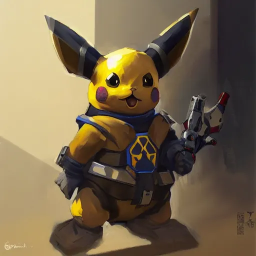 Image similar to greg manchess portrait painting of partially armored pikachu as overwatch character, medium shot, asymmetrical, profile picture, organic painting, sunny day, matte painting, bold shapes, hard edges, street art, trending on artstation, by huang guangjian, gil elvgren, ruan jia, greg rutkowski, gaston bussiere