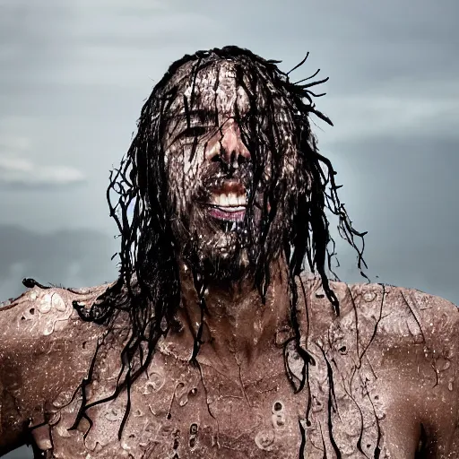 Prompt: The performance art shows a man caught in a storm, buffeted by wind and rain. He clings to a tree for support, but the tree is bent nearly double by the force of the storm. The man's clothing is soaked through and his hair is plastered to his head. His face is contorted with fear and effort. bismuth, deep blue by John Kenn Mortensen fantastic