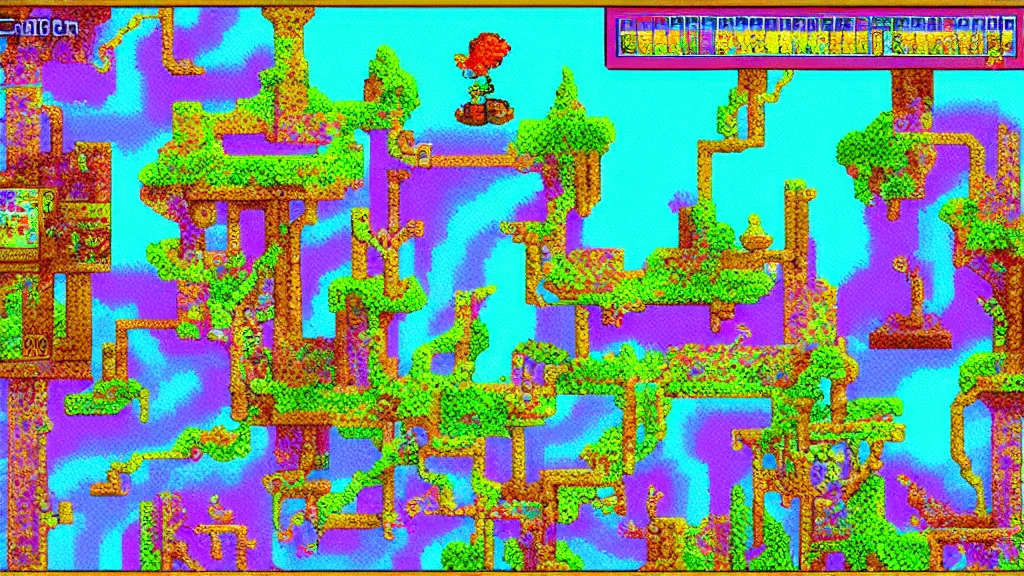 Prompt: pixel art dreamscape for the game boy color, fantastical wonderland