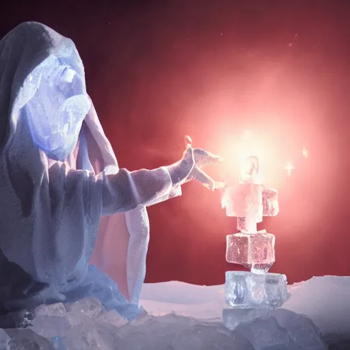 Image similar to a cloaked mage casting a magic spell toward an ice castle