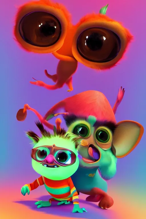 Image similar to colorful full body shot of gizmo and grogu, trending on artstation, trending on deviantart ,cinematic backlighting, 8k, symmetrical, correct proportions, hyper detail 3d render, by pixar,orange lights, pink shadows