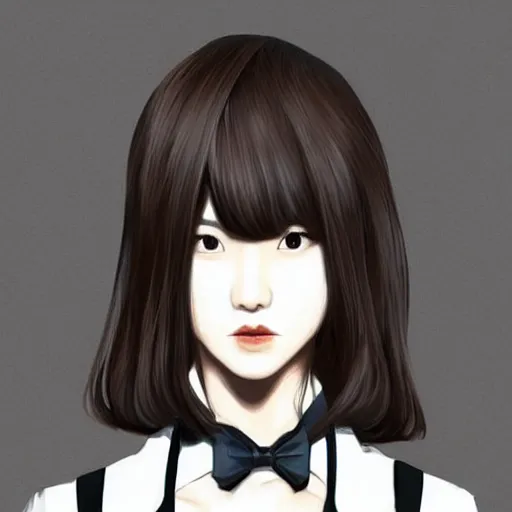 Image similar to portrait of a beautiful korean girl wearing a men's tuxedo, with short messy hair, men's haircut, angular features, angry expression, digital art, elegant pose, detailed illustration