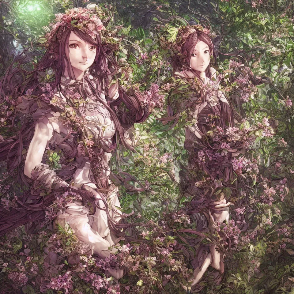 Image similar to the portrait of chaotic good female druid botanist as absurdly beautiful, gorgeous, elegant, young anime girl, an ultrafine hyperdetailed illustration by kim jung gi, irakli nadar, intricate linework, sharp focus, bright colors, octopath traveler, final fantasy, unreal engine 5 highly rendered, global illumination, radiant light, detailed and intricate environment