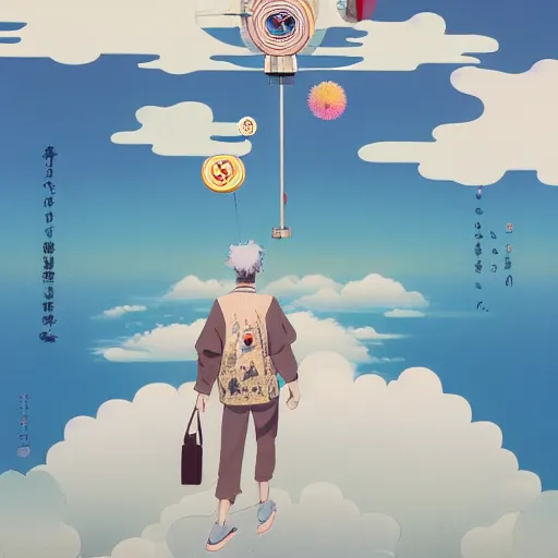 Image similar to a man walking on clouds away from the camera above kyoto by takashi murakami, beeple and james jean, aya takano color style, 4 k, super detailed, modern, 4 k, symmetrical