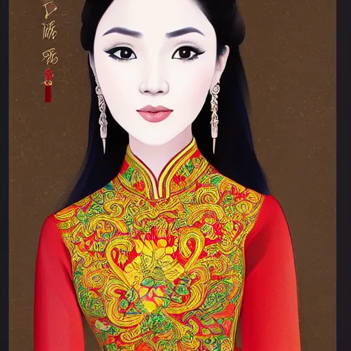 Image similar to portrait of a beautiful vietnamese woman wearing vietnamese ao dai, intricate, detailed, symmetric face, by wlop