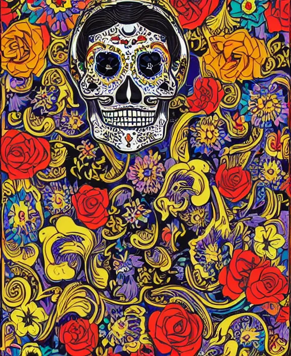 Prompt: dia de los muertos theme multicolor woodcut in the styles of artemio rodriguez, lisa brawn, and gustave bauman, intricate, hyperrealistic, accurate facial details, profile picture, line art, hard outline, vector graphic, whitespace border