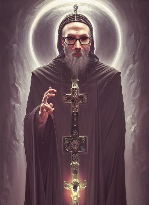 Prompt: portrait of a cyberpunk orthodox priest, grim - lighting, high - contrast, intricate, elegant, highly detailed, centered, digital painting, artstation, concept art, smooth, sharp focus, illustration, artgerm, tomasz alen kopera, peter mohrbacher, donato giancola, joseph christian leyendecker, wlop, boris vallejo