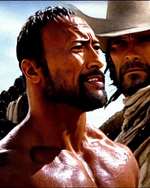 Prompt: film still close up shot of dwayne johnson as maximus n the movie a fistful of dollars. photographic, photography