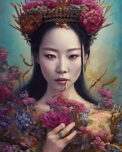 Image similar to portrait of the chinese queen of the underworld, surrounded by flowers by karol bak, james jean, tom bagshaw, rococo, sharp focus, trending on artstation, cinematic lighting, hyper realism, octane render, 8 k, hyper detailed.