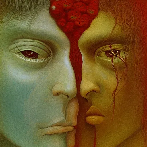 Prompt: masterpiece closeup portrait of Adam and Eve in the style of Zdzislaw Beksinski