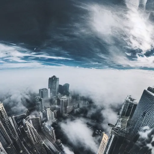 Prompt: walking around a city built on the clouds, GoPro, heaven, wide angle, photo realistic,