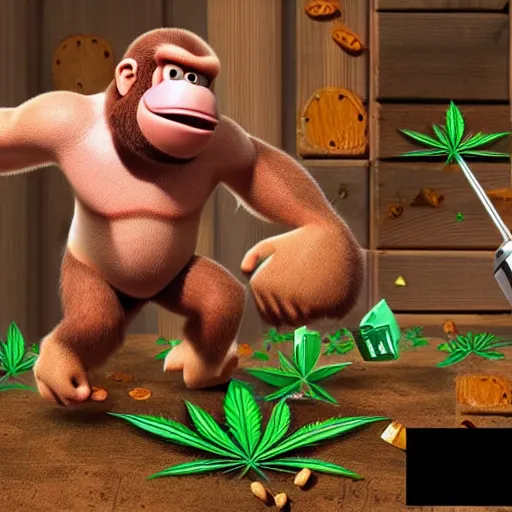 Image similar to Donkey Kong smashing down weed into large silver bags with a wooden mallet