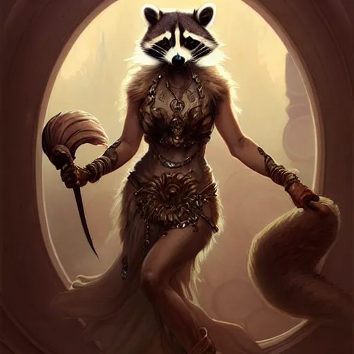 Image similar to a raccoon as the roman goddess of chaos!! intricate elegant, highly detailed, digital painting, artstation, concept art, smooth, sharp focus, illustration, art by ( ( ( artgerm ) ) ) and greg rutkowski! and ( ( alphonse mucha ) ), heavily influenced by frank frazetta and boris vallejo, sword and sorcery