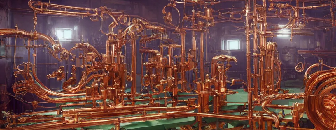 Prompt: a super high resolution film still of machine apparatus for making snake oil, huge copper machine with purple and green intricate pipework, art by andrey remnev, and bruce pennington, directed by denis villeneuve, cinematography by robby muller, kodachrome 8 k, snake machine, cinematic lighting