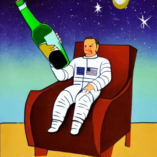 Prompt: astronaut relaxing on a chair with a bottle in the style of albright, ivan