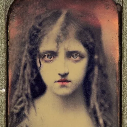 Image similar to a beautiful young lady with huge bright silver eyes, colored vintage daguerreotype, by gustave moreau, by Mackintosh, art noveau, highly detailed, strong lights, liminal, eerie, Bright pastel colors