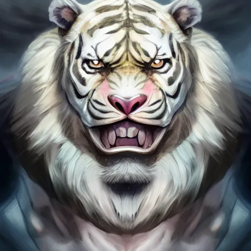 Image similar to a esthetic portrait commission of a muscular antrho albino tiger wearing the superman outfit,hyperdetailed face,character design by charlie bowater,ross tran,artgerm,makoto shibkai,photorealistic,western comic book art,film poster,deviantart,artstation