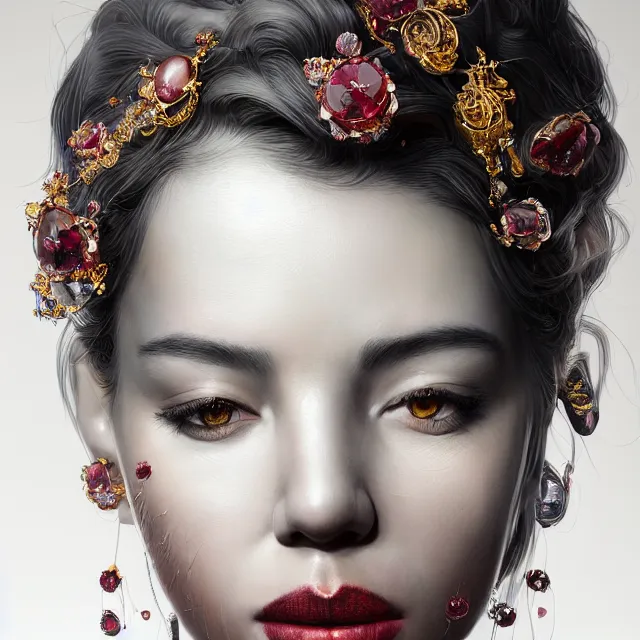 Image similar to studio portrait of absurdly beautiful, elegant, young woman made of rubies looking up, ultrafine hyperrealistic detailed face illustration by kim jung gi, irakli nadar, intricate linework, sharp focus, bright colors, matte, octopath traveler, final fantasy, unreal engine highly rendered, global illumination, radiant light, intricate environment