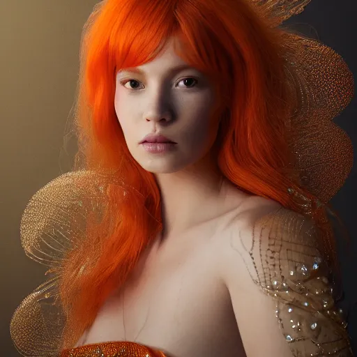 Prompt: a majestic orange - haired woman wearing an intricate and detailed armor made of candy floss. layers. textures. delicate. elaborate. translucent. soft. ethereal. fragile. vulnerable. studio portrait. photorealistic. octane render