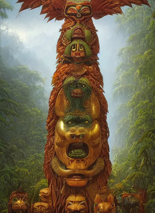 Image similar to a totem in the jungle representing amazonian shamanic tradition, tribal masks, totem, hyper detailed, art by christophe vacher