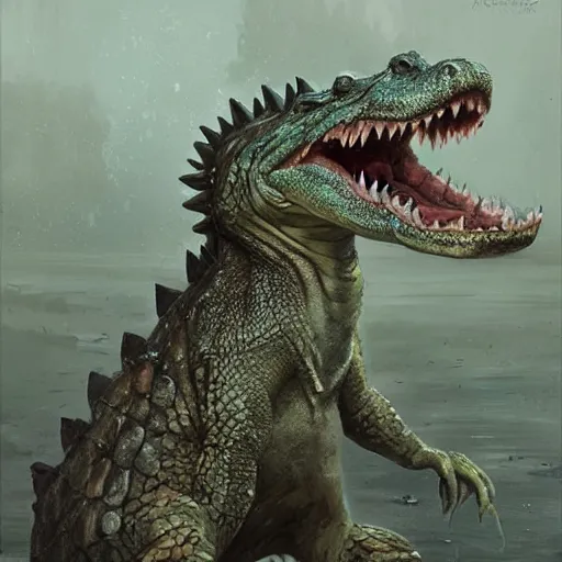 Image similar to an alligator, wearing a vest, wlop, greg rutkowski