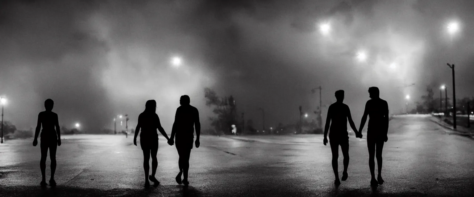 Prompt: A film still of two silhouetted figures holding hands, walking away from the camera, thunderstorm, nighttime, empty metropolitan street, extreme wide shot, 15mm lens, low-key lighting