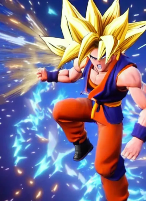 Image similar to game still of super sayan goku as a fortnite skin in fortnite.