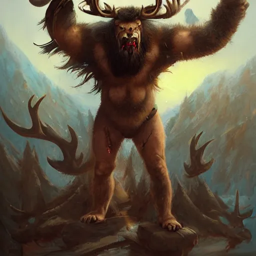 Image similar to hairy barbarian with moose head by azamat khairov and peter mohrbacher