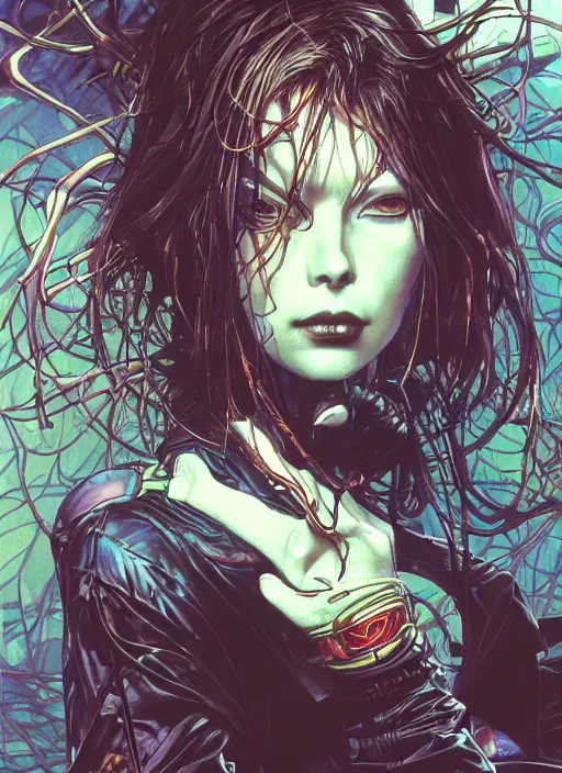 Prompt: realistic detailed painting of Nina Kraviz by yoshitaka amano, Masamune Shirow and rebecca guay and Moebius, Neo-Gothic, Cyberpunk, rich deep colors