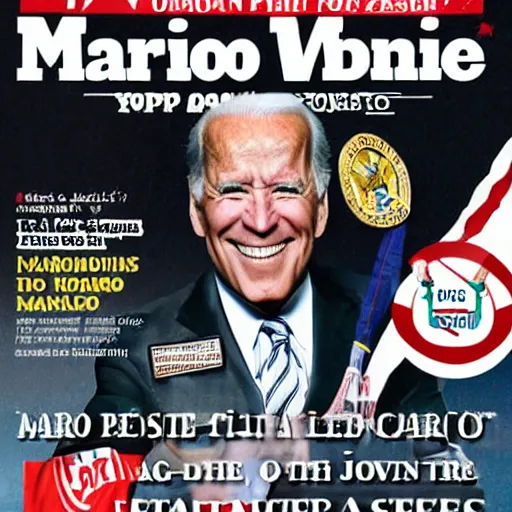 Prompt: mario jumping over Joe Biden front page award-winning